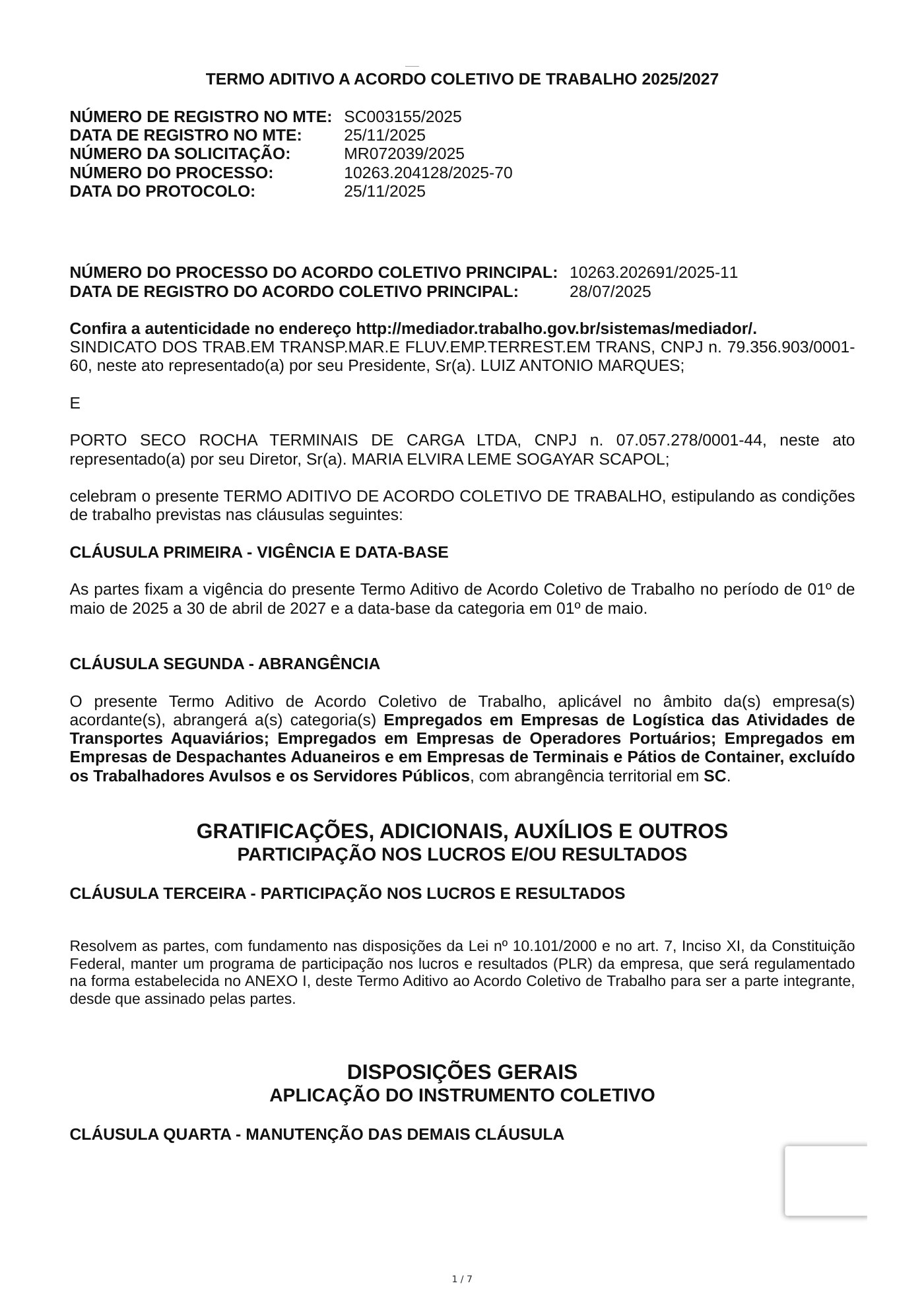 Termo Aditivo de Acordo Coletivo — PORTO SECO ROCHA TERMINAIS DE CARGA LTDA — 2025–2027