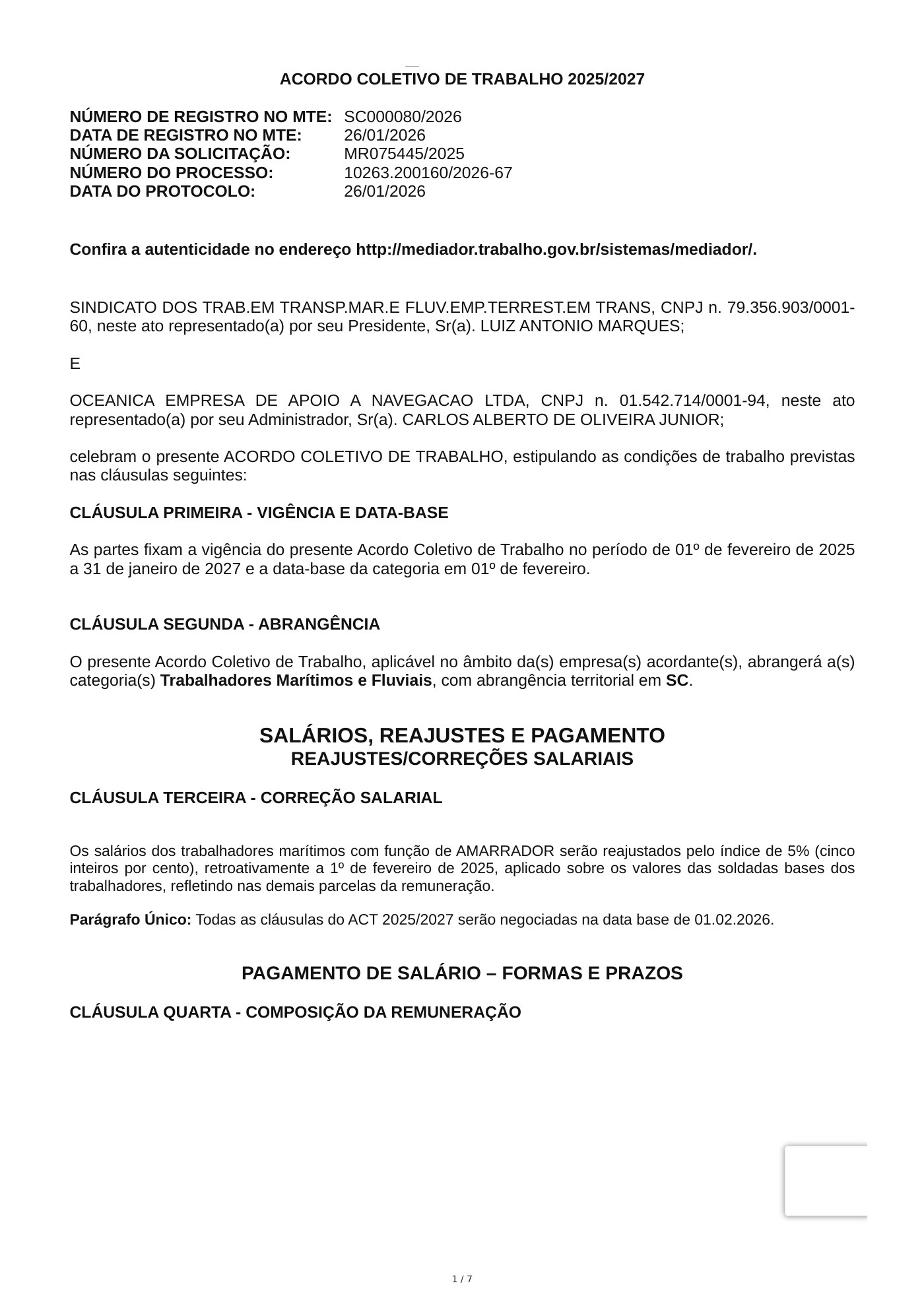 Acordo Coletivo — OCEANICA EMPRESA DE APOIO A NAVEGACAO LTDA — 2025–2027