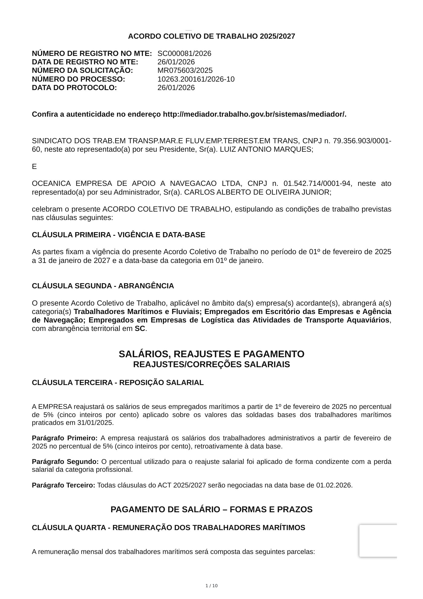 Acordo Coletivo — OCEANICA EMPRESA DE APOIO A NAVEGACAO LTDA — 2025–2027
