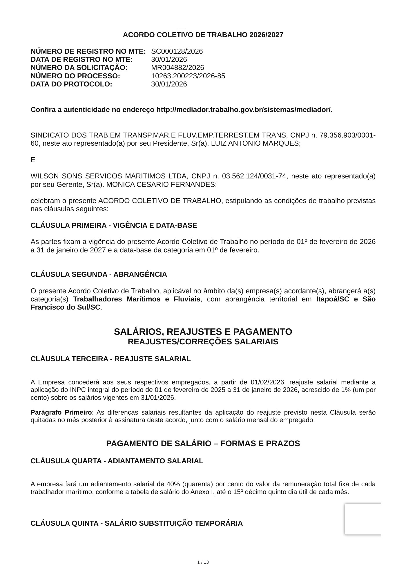 Acordo Coletivo — WILSON SONS SERVICOS MARITIMOS LTDA — 2026–2027