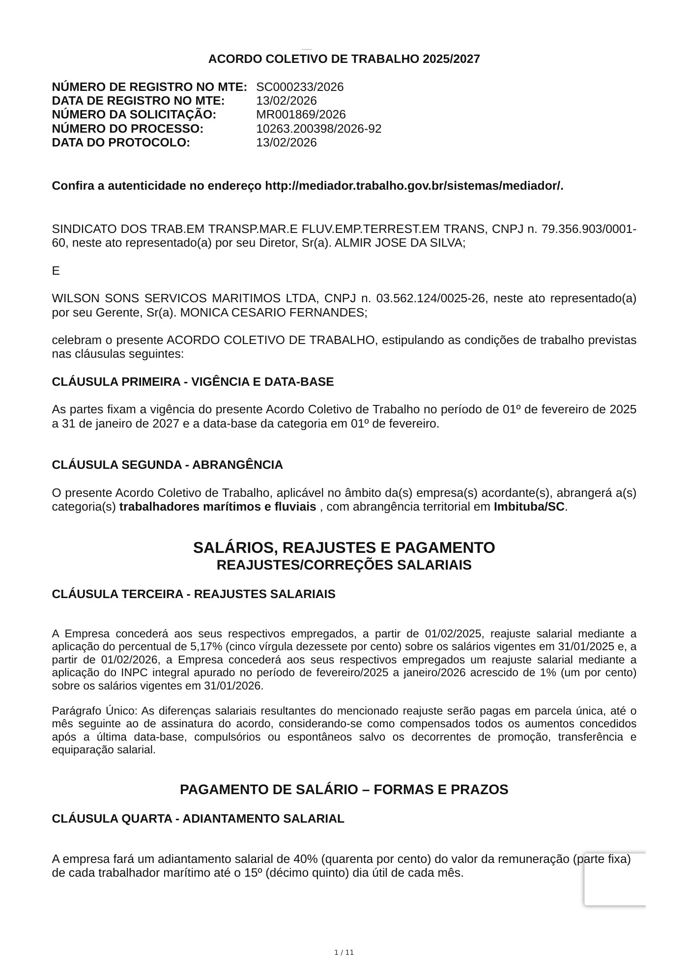 Acordo Coletivo — WILSON SONS SERVICOS MARITIMOS LTDA — 2025–2027