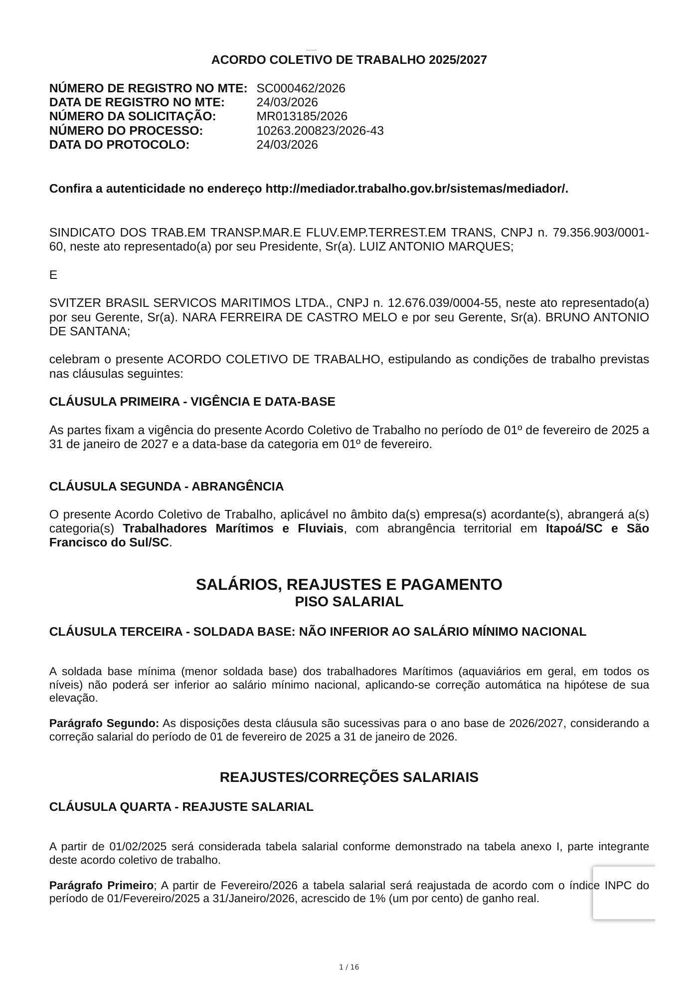 Acordo Coletivo — SVITZER BRASIL SERVICOS MARITIMOS LTDA. — 2025–2027