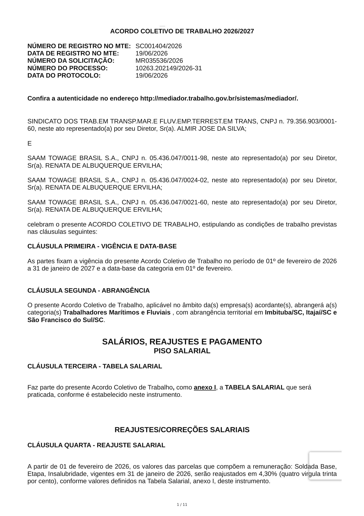 Acordo Coletivo — SAAM TOWAGE BRASIL S.A. — 2026–2027