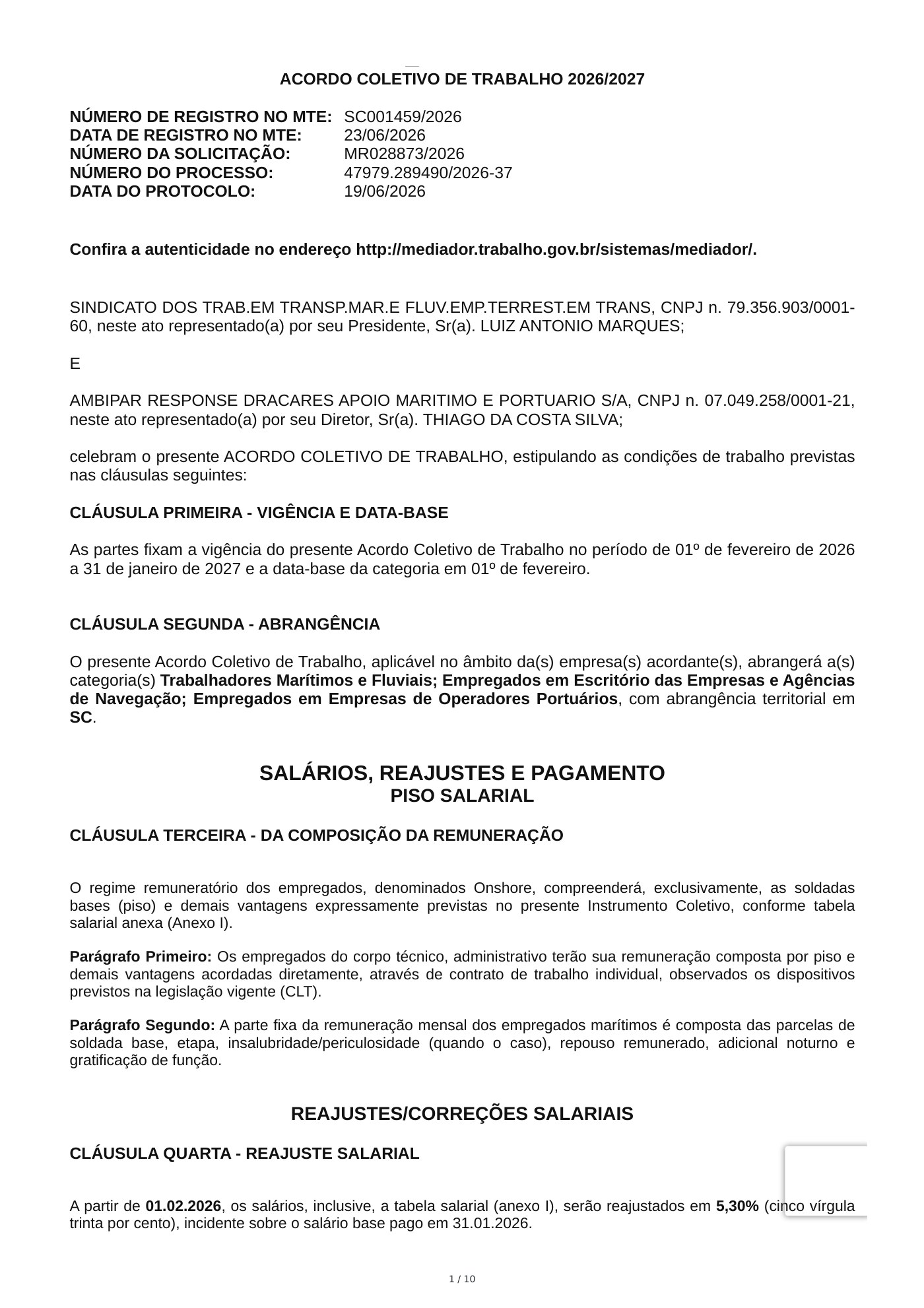 Acordo Coletivo — AMBIPAR RESPONSE DRACARES APOIO MARITIMO E PORTUARIO S/A — 2026–2027