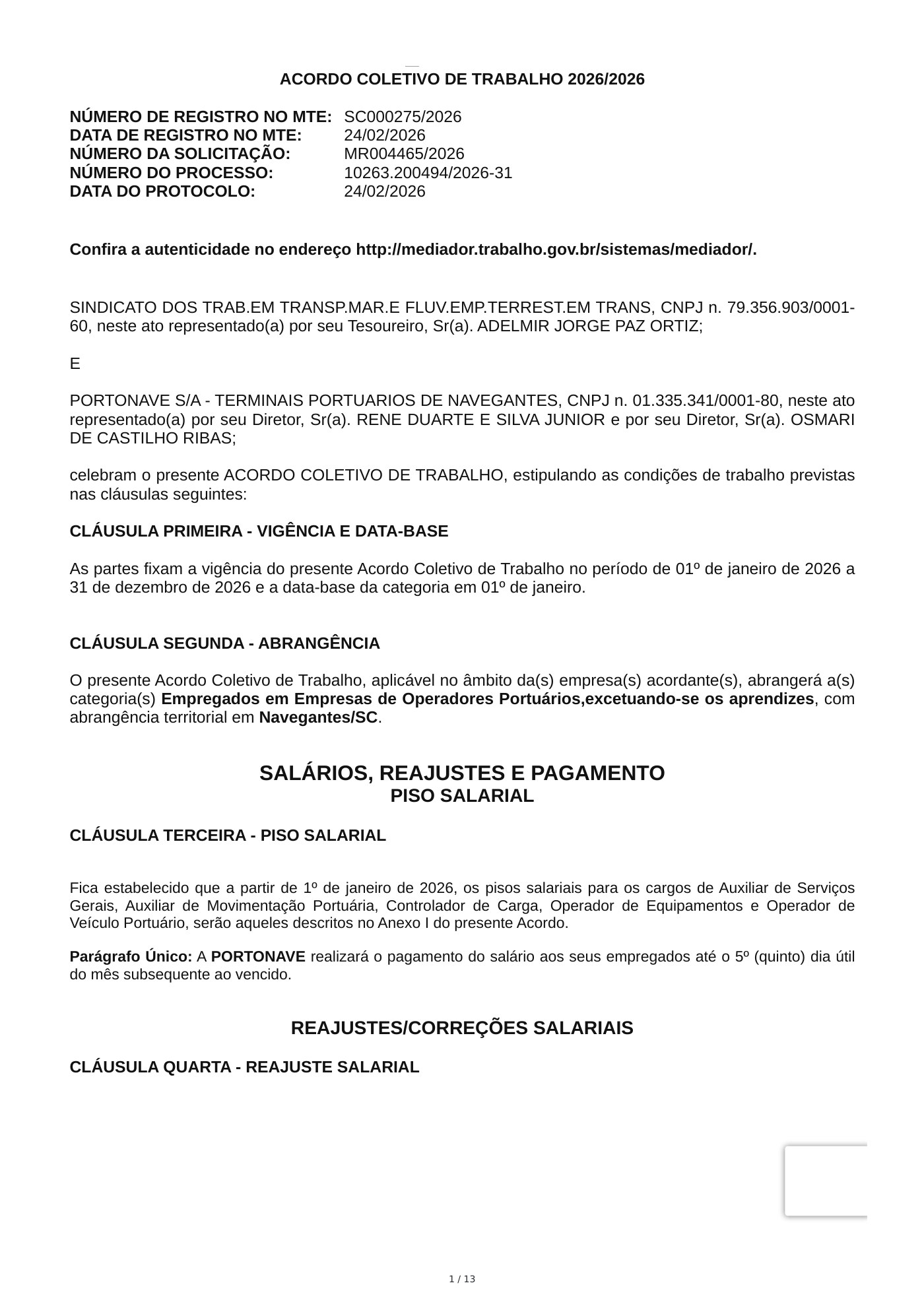 Acordo Coletivo — PORTONAVE S/A - TERMINAIS PORTUARIOS DE NAVEGANTES — 2026