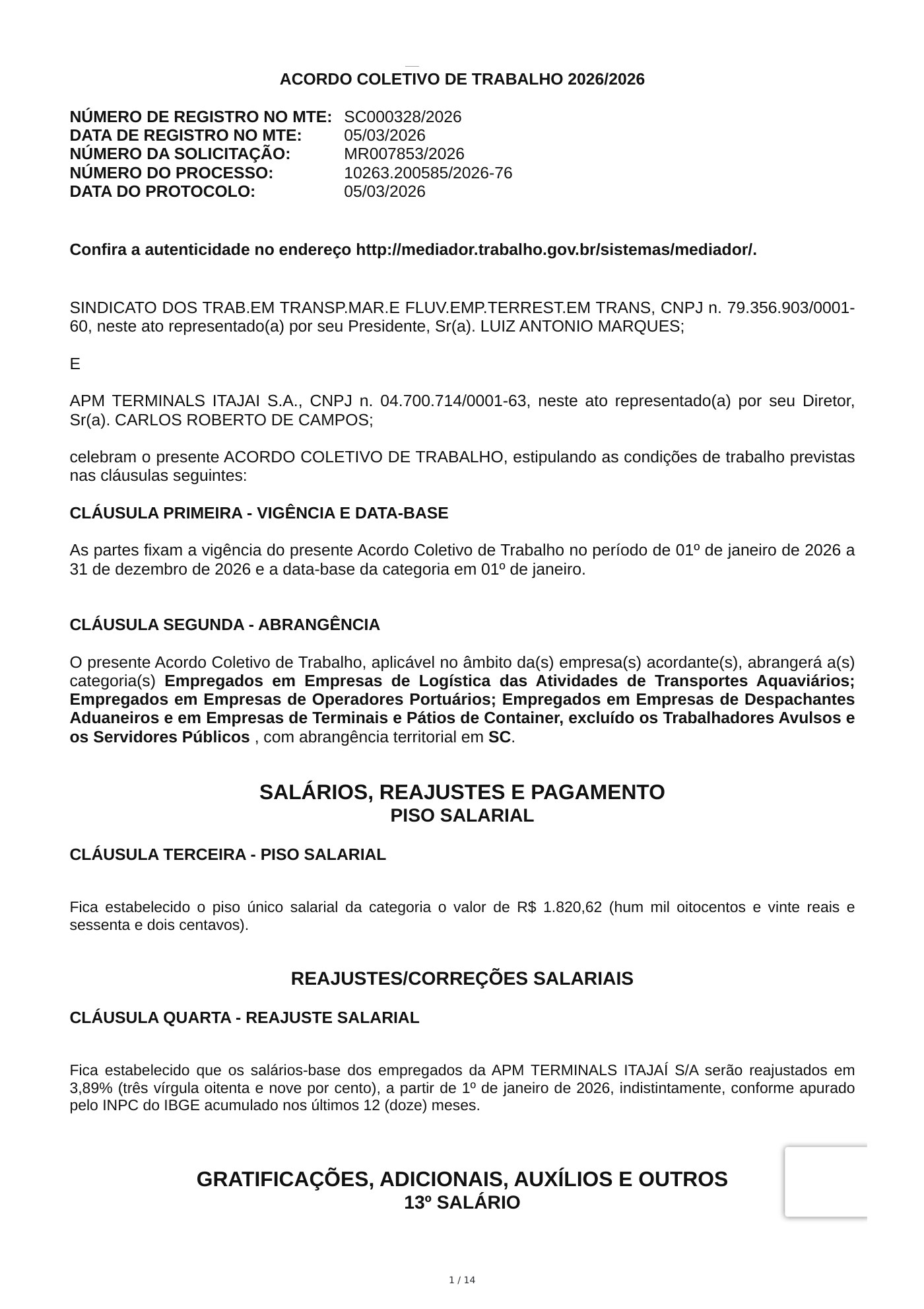 Acordo Coletivo — APM TERMINALS ITAJAI S.A. — 2026