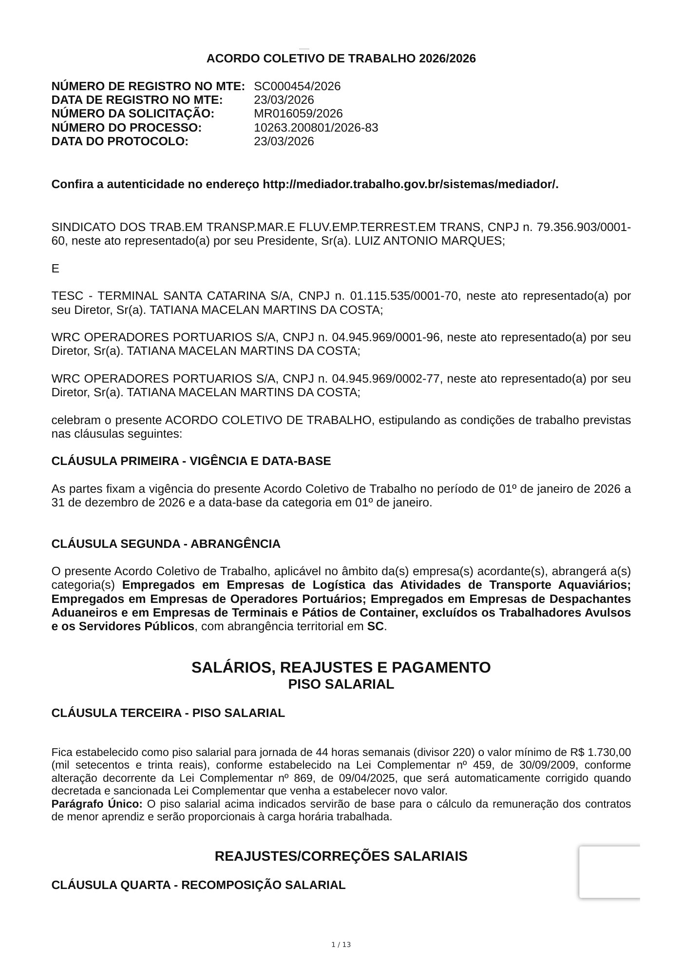 Acordo Coletivo — TESC - TERMINAL SANTA CATARINA S/A e WRC OPERADORES PORTUARIOS S/A — 2026