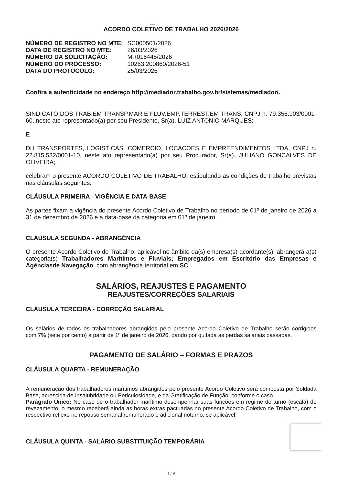 Acordo Coletivo — DH TRANSPORTES, LOGISTICAS, COMERCIO, LOCACOES E EMPREENDIMENTOS LTDA — 2026
