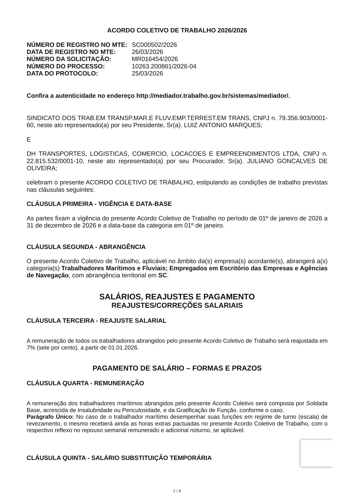 Acordo Coletivo — DH TRANSPORTES, LOGISTICAS, COMERCIO, LOCACOES E EMPREENDIMENTOS LTDA — 2026