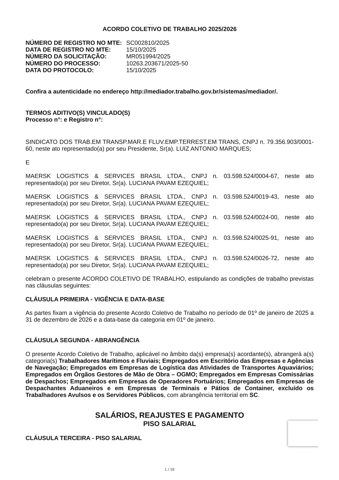 Acordo Coletivo — MAERSK LOGISTICS & SERVICES BRASIL LTDA. — 2025–2026