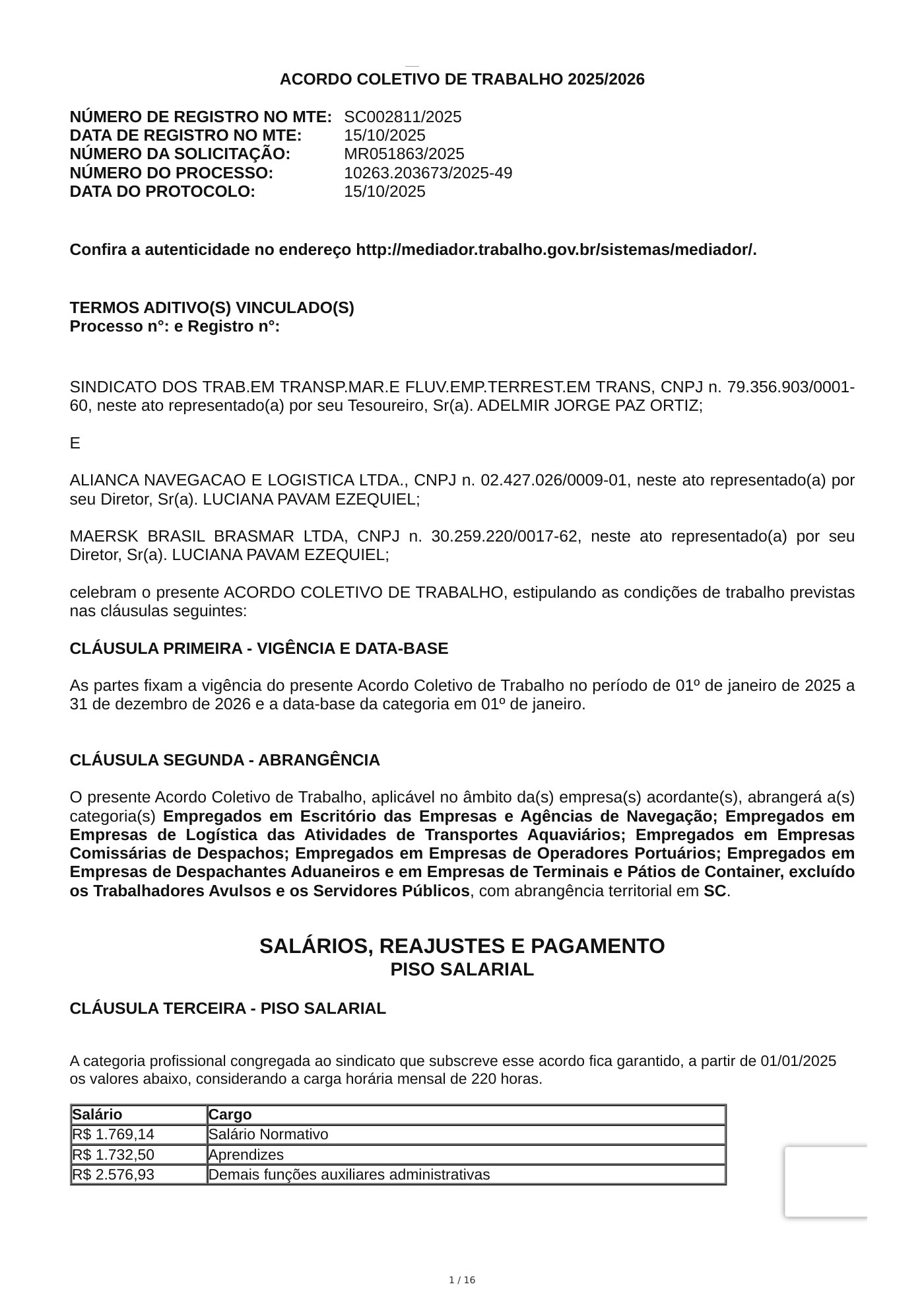 Acordo Coletivo — ALIANCA NAVEGACAO E LOGISTICA LTDA. e MAERSK BRASIL BRASMAR LTDA — 2025–2026