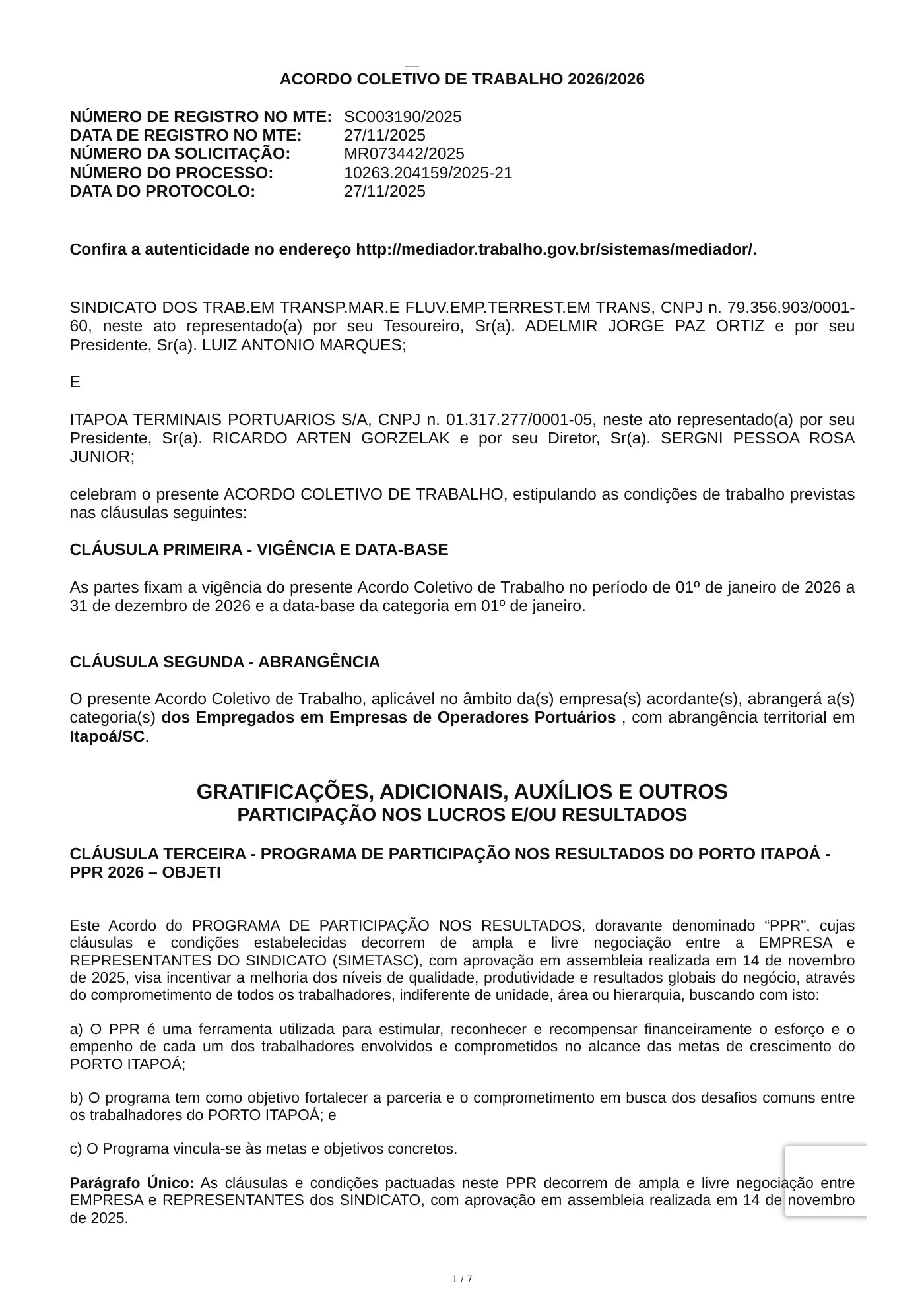 Acordo Coletivo — ITAPOA TERMINAIS PORTUARIOS S/A — 2026