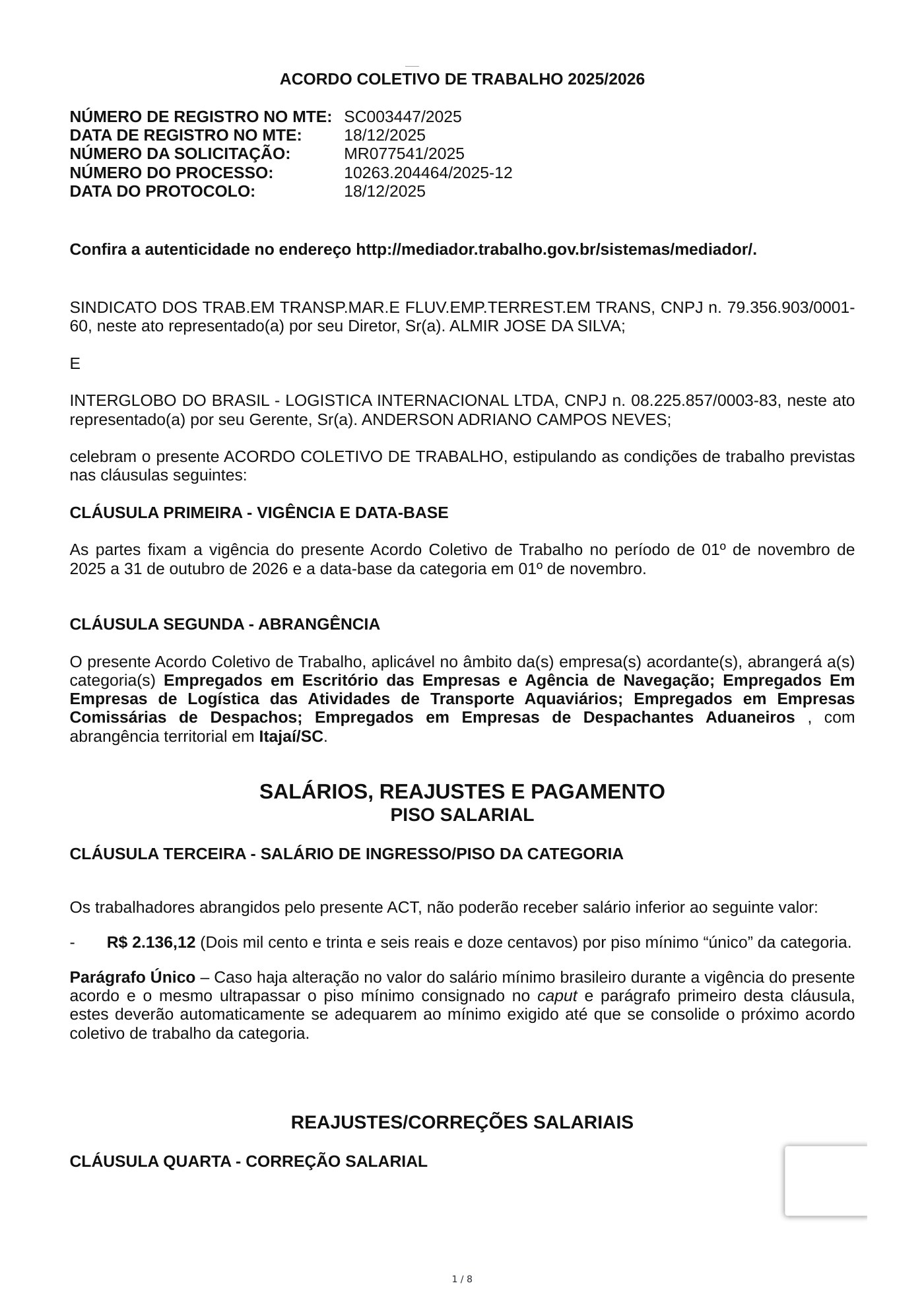 Acordo Coletivo — INTERGLOBO DO BRASIL - LOGISTICA INTERNACIONAL LTDA — 2025–2026