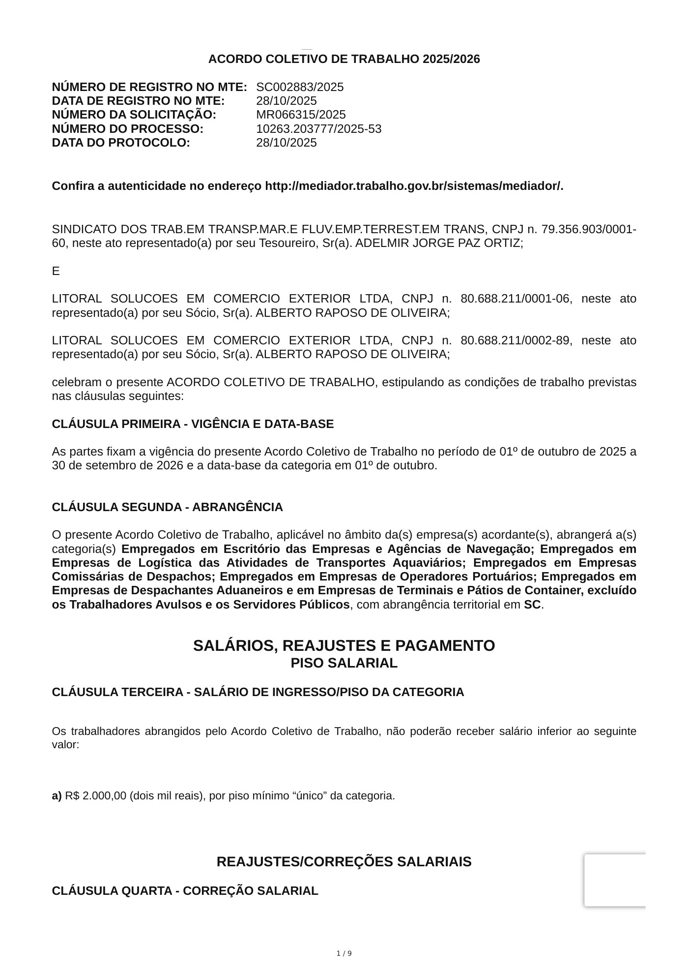 Acordo Coletivo — LITORAL SOLUCOES EM COMERCIO EXTERIOR LTDA — 2025–2026