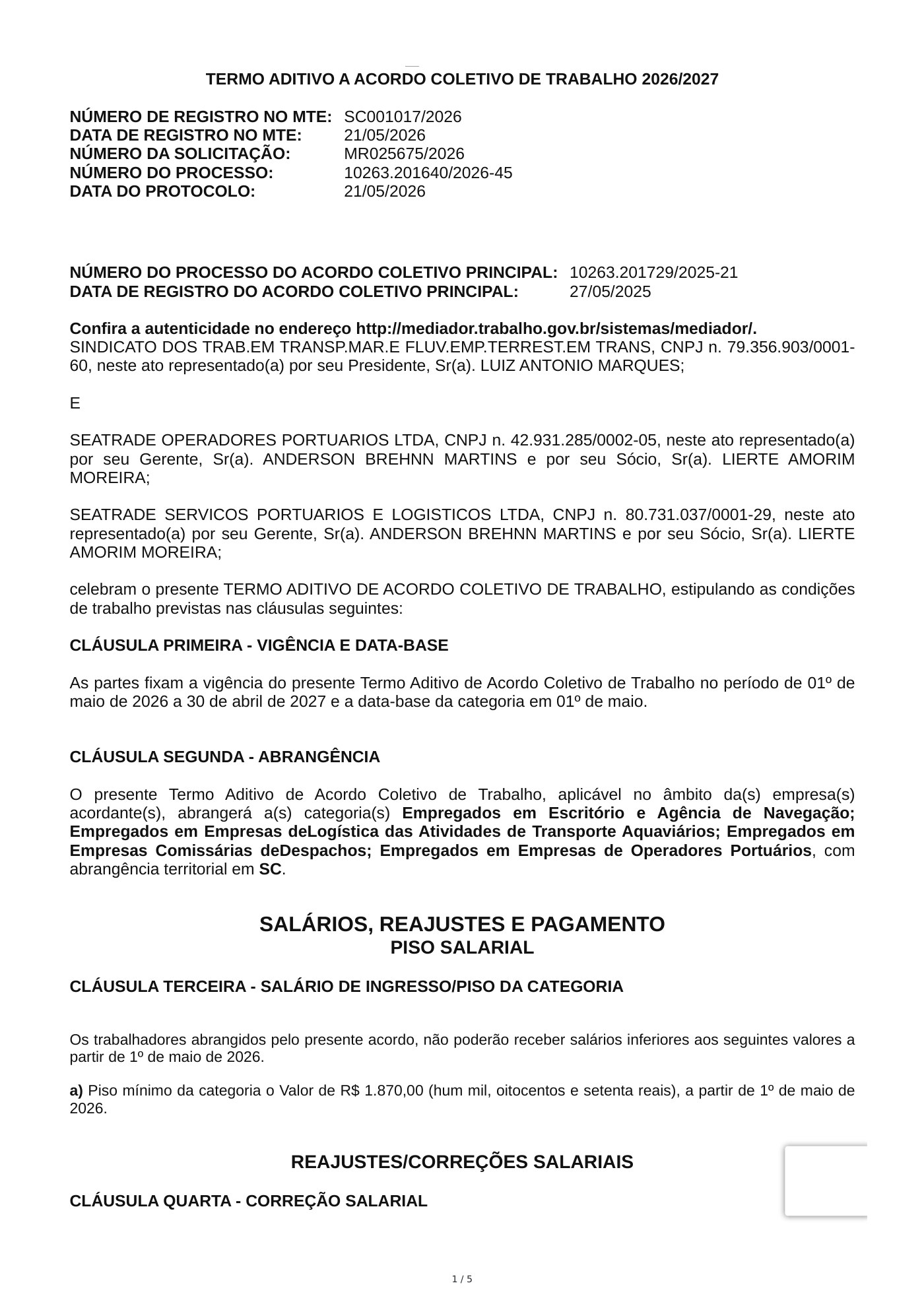 Termo Aditivo de Acordo Coletivo — SEATRADE OPERADORES PORTUARIOS LTDA e SEATRADE SERVICOS PORTUARIOS E LOGISTICOS LTDA — 2026–2027