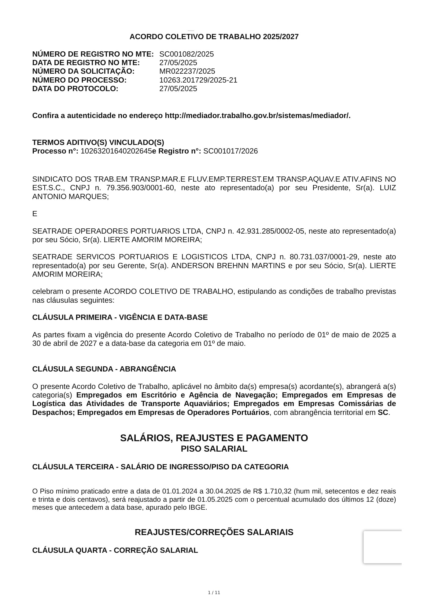 Acordo Coletivo — SEATRADE OPERADORES PORTUARIOS LTDA e SEATRADE SERVICOS PORTUARIOS E LOGISTICOS LTDA — 2025–2027