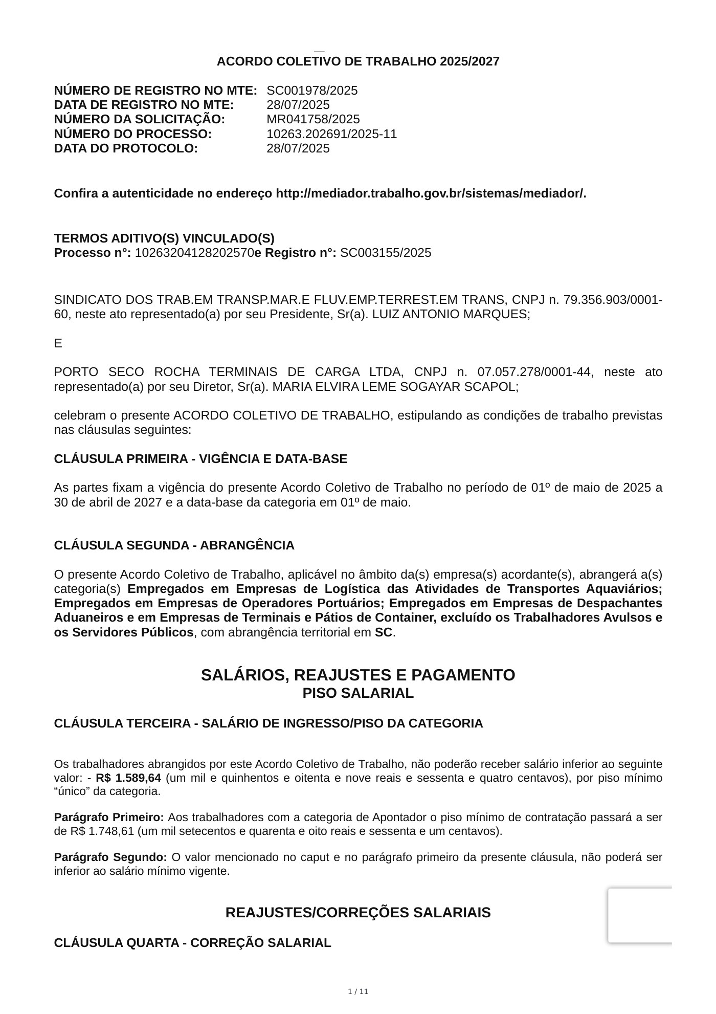 Acordo Coletivo — PORTO SECO ROCHA TERMINAIS DE CARGA LTDA — 2025–2027