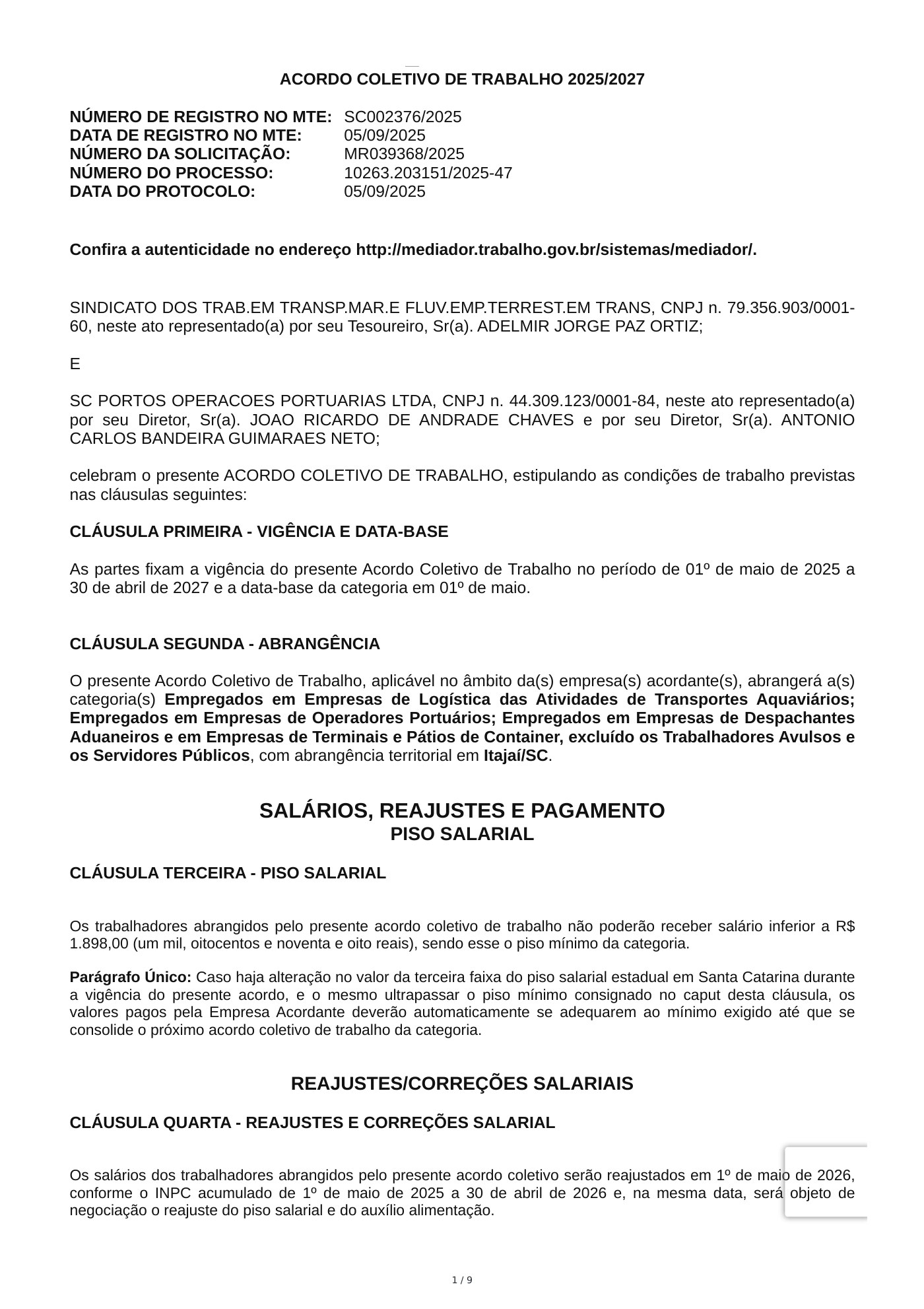 Acordo Coletivo — SC PORTOS OPERACOES PORTUARIAS LTDA — 2025–2027