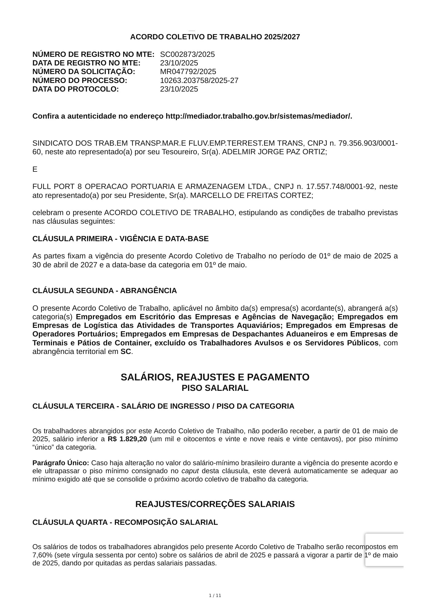 Acordo Coletivo — FULL PORT 8 OPERACAO PORTUARIA E ARMAZENAGEM LTDA. — 2025–2027