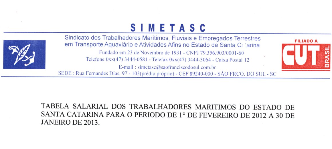 Cabeçalho — Tabela Salarial dos Trabalhadores Marítimos 2012–2013